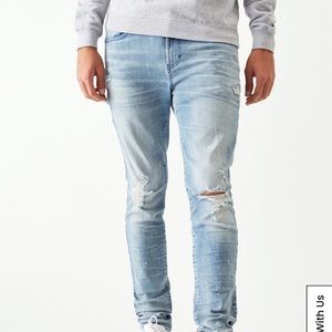Light blue denim pacsun jeans ( stacked skinny fit ) but fit like slim fit .